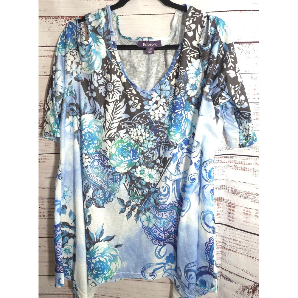 Roamans Top Plus Size 1X 22 24 Blue Floral Cold Shoulder V Neck Tunic Shirt Boho